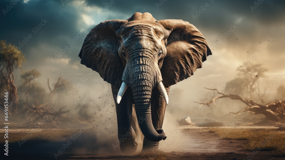 Poster an elephant with tusks walking on a dirt road in front of some trees and a sky with a few clouds and
