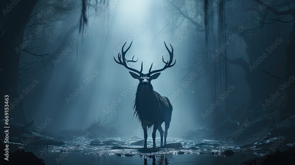 Poster a deer standing in the middle of a forest with its head turned to look like it's in the middle of a 