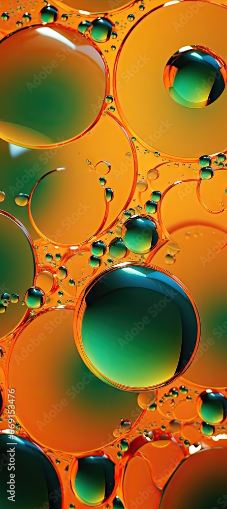 Poster a close up of a bunch of bubbles in orange and green colors with water droplets on the bottom of the
