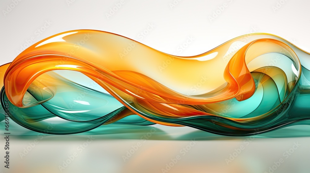 Poster an abstract painting of a wavy orange and blue liquid on a white background with a light reflection 