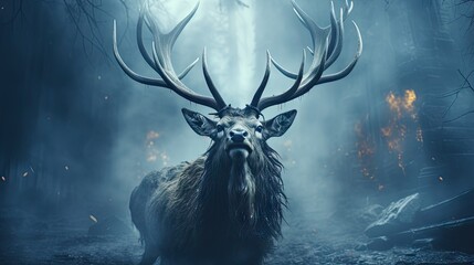  a deer standing in the middle of a forest with large antlers on it's head and large antlers on its back, in the middle of a foggy forest.  generative ai