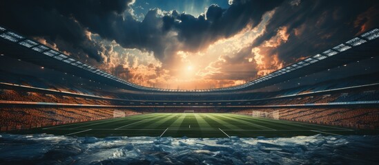 Football Stadium Background. When the weather is rainy, the sky is cloudy
