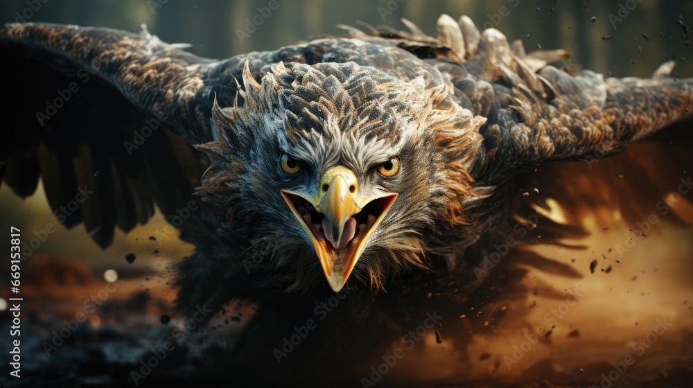 Poster a close up of a bird of prey with it's mouth open and it's wings wide open, with it's mouth wide ope