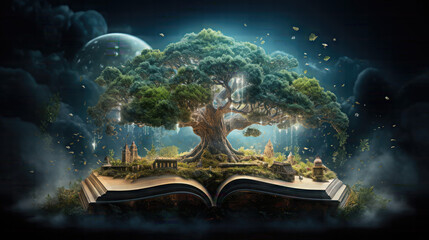 an open book with tree growing out of it.Magical Vibe. - Powered by Adobe