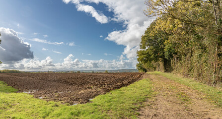 Ploughed field, Cotswolds, England on a sunny autumn day - 669155011