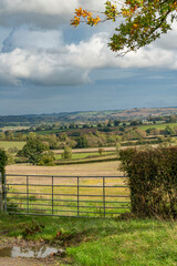 Beautiful Cotswold landscape on a sunny autumn day with beautiful cloudscape viewed over a closed gate - 669155064