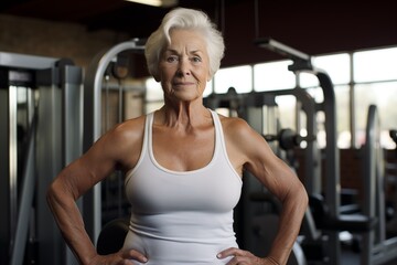 Fototapeta na wymiar An elderly lady bodybuilder in the gym. An old woman leads a healthy lifestyle