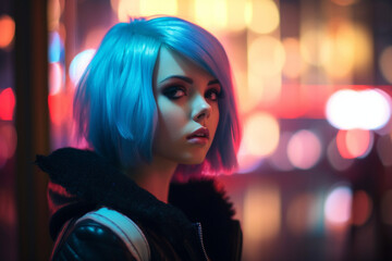 Obraz na płótnie Canvas Cinematic Close Up Portrait of a Young Cosplay Model Wearing Futuristic Clothes, Striking Makeup and a Short Blue Wig, Female Enjoying a Beautiful Night Life Scenery in a Neon High Tech City