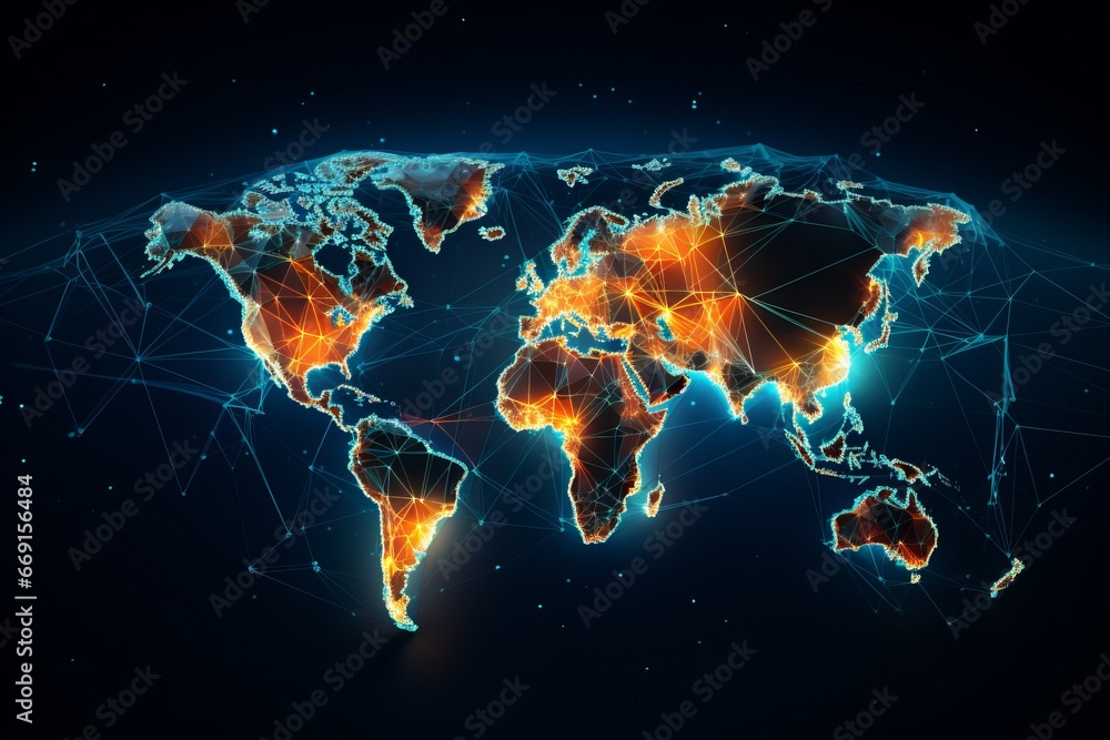 Wall mural an abstract representation of a world map intertwined with trade routes and financial networks, symb