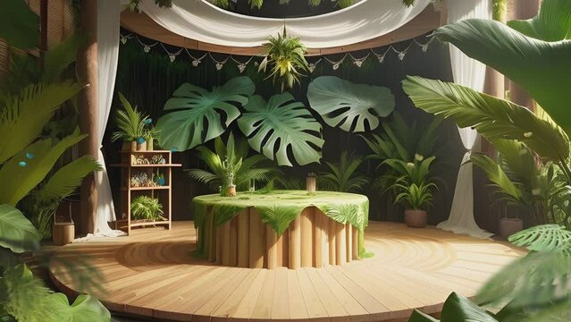 Empty wooden room decoration with tropical plant decorations, monstera leaves, and a empty table for show the products. seamless looping 4K time-lapse virtual video animation background.