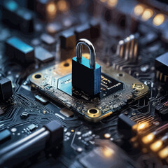 Fototapeta na wymiar computer chip with padlock on computer motherboard. cyber security concept.computer chip with padlock on computer motherboard. cyber security concept.computer circuit board with padlock and computer m