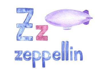 Aquarelle letter Z for written word "zeppelin", pictured book, card for education.Watercolor hand drawn illustrated painted kids alphabet of english language.Isolated © Sunny_Smile