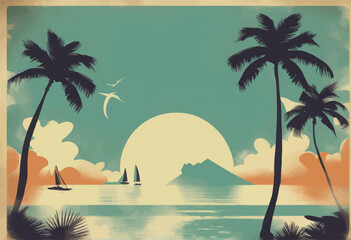 vector background with tropical trees and mountains vector background with tropical trees and mountains beautiful sunset on the island of the sea and palm trees - obrazy, fototapety, plakaty