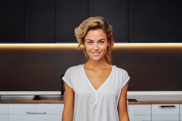 Happy Independent Woman in White Shirt: Modern Kitchen Delight