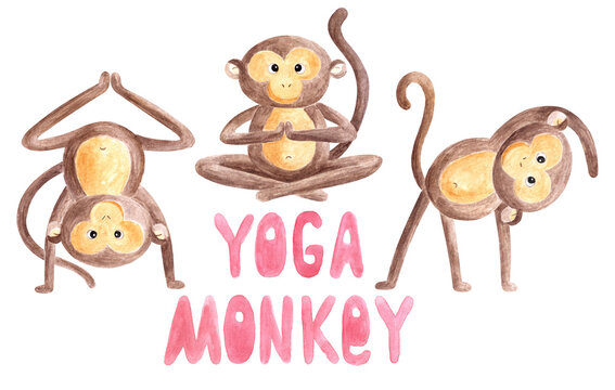 Watercolor hand drawn three monkey babies doing yoga asanas poses with written words "yoga monkey". Aquarelle painted web element lotus position, standing on hands and flexibility hands up positions.
