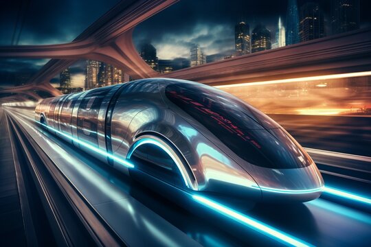 An abstract representation of futuristic transportation modes, including hyperloop and autonomous vehicles, illustrating the future of transportation and mobility