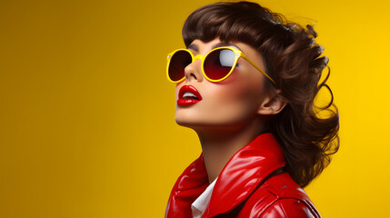 modelos con gafas de sol y estilo de los años 60 sobre fondos rojos y amarillos - obrazy, fototapety, plakaty