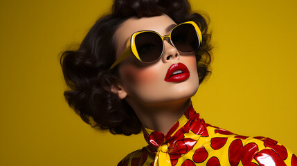 modelos con gafas de sol y estilo de los años 60 sobre fondos rojos y amarillos