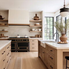 Fototapeta premium plastered hood, white oak shelving, beige cabinets, marble countertops, black fixtures kitchen