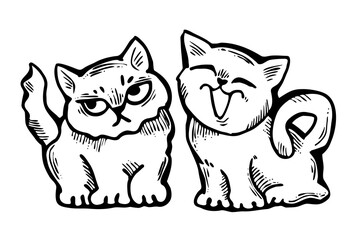 Cute cats friends sitting together. Decorative border, banner, postcard, poster print for kids room or birthday. Logo design for veterinary. Hand drawn illustration. Cartoon style character drawing.