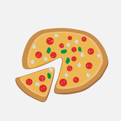 Hot tasty pepperoni pizza. Junk fast food. Pizzeria delivery. Flat vector graphic illustration. Yummy Italian meal. People order dinner concept. Takeaway snack. Pizza picture. Many slices fragrant eat