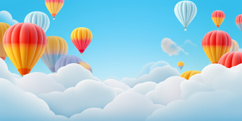 Abstract illustration of hot air balloons floating over a  surreal landscape. 
