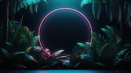 Purple circle Neon shape With jungle floral Tropical. Isolated on black Background
