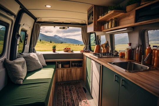 Camper van interior with the small fridge open in vanlife on road with motor home