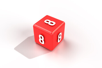 3d render red cube and number 8. Number 8 on 3d cube. red cube and number 8 on white background