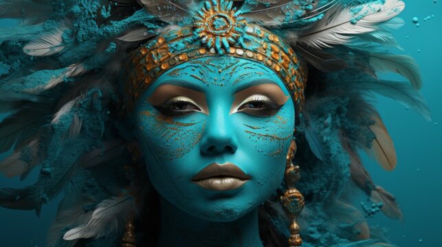 Portrait of a beautiful girl with turquoise makeup. Fashion photo of a girl with feathers in hair. Aquamarine color concept. Beautiful face of young sensual attractive woman. Beauty and Fashion. Art.
