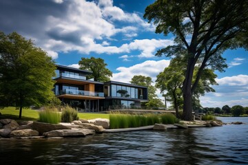 Fototapeta na wymiar An architectural portrayal of a waterfront property, illustrating the integration of architecture with nature and scenic beauty