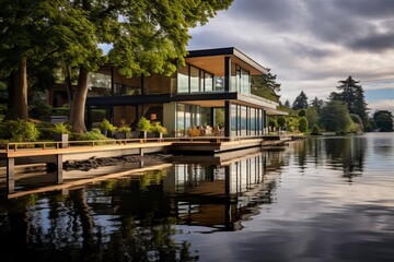 Fototapeta na wymiar An architectural portrayal of a waterfront property, illustrating the integration of architecture with nature and scenic beauty