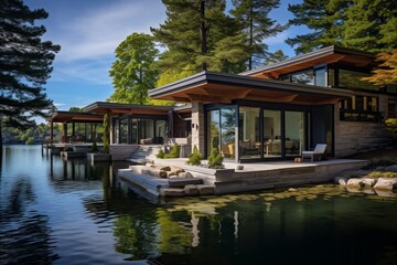 An architectural portrayal of a waterfront property, illustrating the integration of architecture with nature and scenic beauty