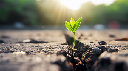 One young sprout breaks through the hard surface of the asphalt, symbolizing strength and determination. Life persistently breaks out through the asphalt, making its way to light and opportunities - obrazy, fototapety, plakaty