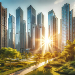 Generative AI crafted skyline showcasing a modern city bathed in sunlight, blending nature with urban architecture.