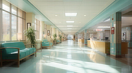 Naklejka na ściany i meble Hospital hallway, reception clinic. Unfocused background.