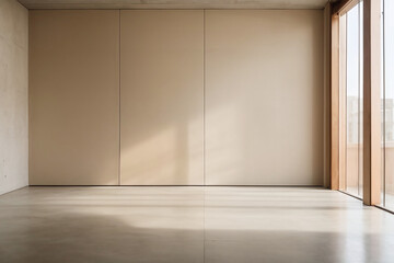Minimalist empty room with a beige wall and polished concrete floor, offering a clean, contemporary space.