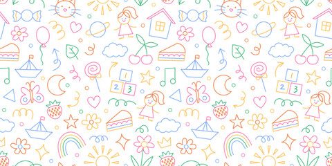 Seamless pattern of children school, kindergarten doodles. Cute childish hand drawn scribbles on white background.