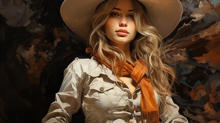 A beautiful young cowgirl in a hat, created with Generative AI technology. - obrazy, fototapety, plakaty