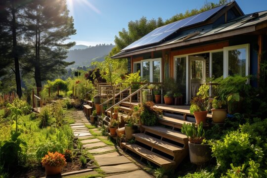 An image of a sustainable eco-friendly home and garden, illustrating the connection between sustainable living practices and a healthy life