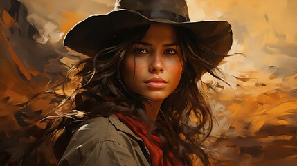 A beautiful young cowgirl in a hat, created with Generative AI technology. - obrazy, fototapety, plakaty