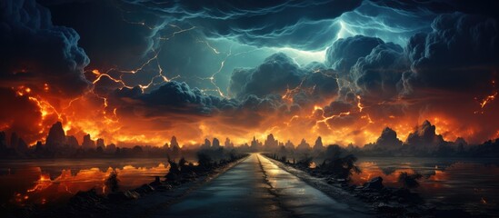 Highway. bad, dangerous weather, thunderstorm, lightning strike, lightning - obrazy, fototapety, plakaty