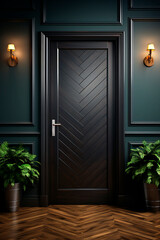 Luxury black door in a modern interior, in dark colors. Design interior.