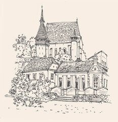 Retro sketch illustration of Biertan Fortified Church in the Transylvania region of Romania. Urban sketch in black color on beige background. A hand-drawn old building,  linear drawing on paper.