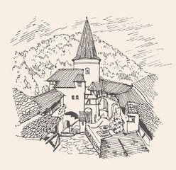 Sketch illustration of Bran Castle in Transylvania, Romania. Commonly known as Dracula's Castle. Urban sketch in black color on retro background. A hand-drawn old building, a pen on beige paper.