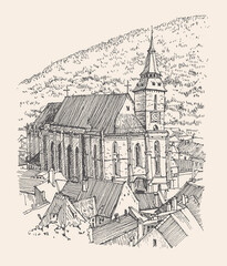 Travel sketch illustration of The Black Church in the city of Brașov in south-eastern Transylvania, Romania. Urban sketch in black color on beige background. A hand-drawn old building, a pen on paper.