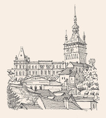 Travel sketch illustration of Sighisoara, a medieval fortress and Clock Tower in the Transylvania, Romania. Urban sketch in black color on beige background. A hand-drawn old building, linear drawing.