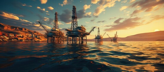 Jack Up Rig in the Middle of the High Seas. isolated Sunset