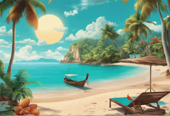 Fototapeta na wymiar illustration of a beach with a tropical island illustration of a beach with a tropical island tropical beach, sea, ocean, beach, summer vacation, 3d illustration