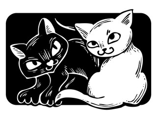 Cute cats friends sitting together. Decorative border, banner, postcard, poster print for kids room or birthday. Logo design for veterinary. Hand drawn illustration. Cartoon style character drawing.